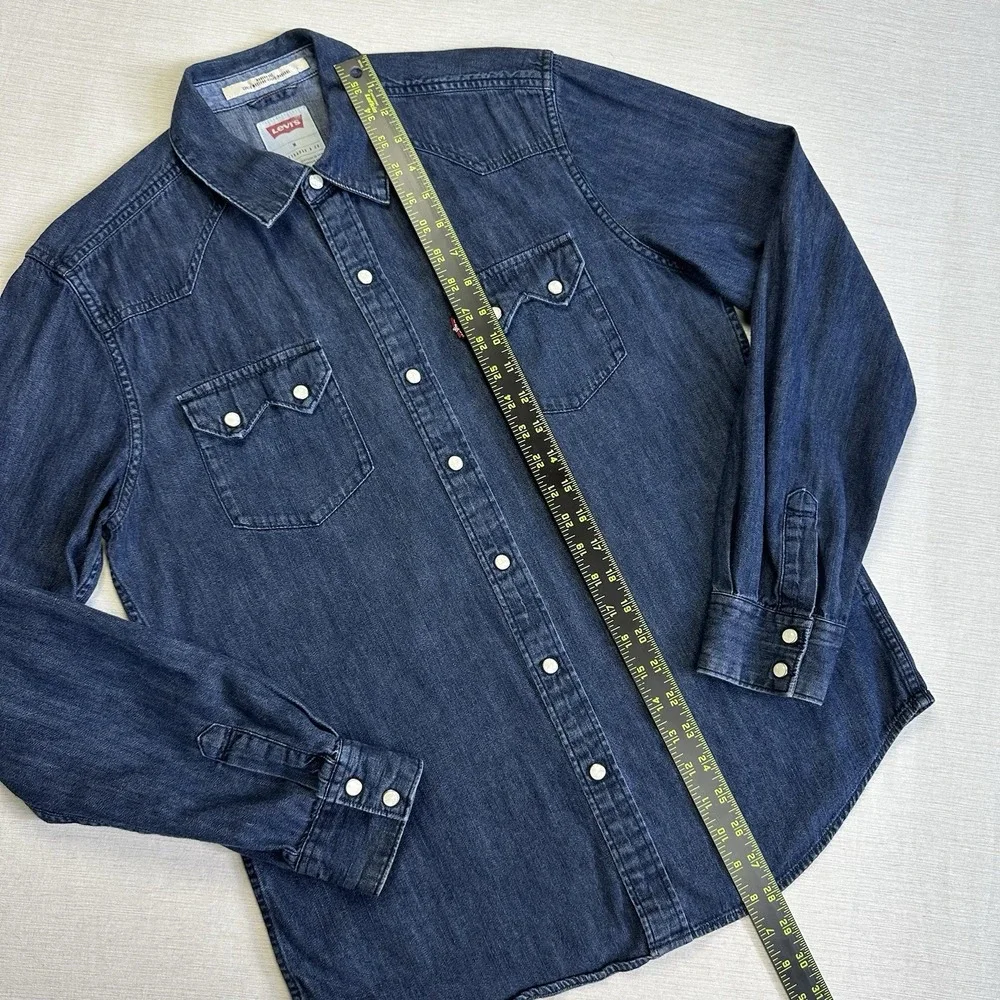 Levis Denim Shirt Modern Fit Sawtooth Pearl Snap Men M Dark Blue Western Rancher